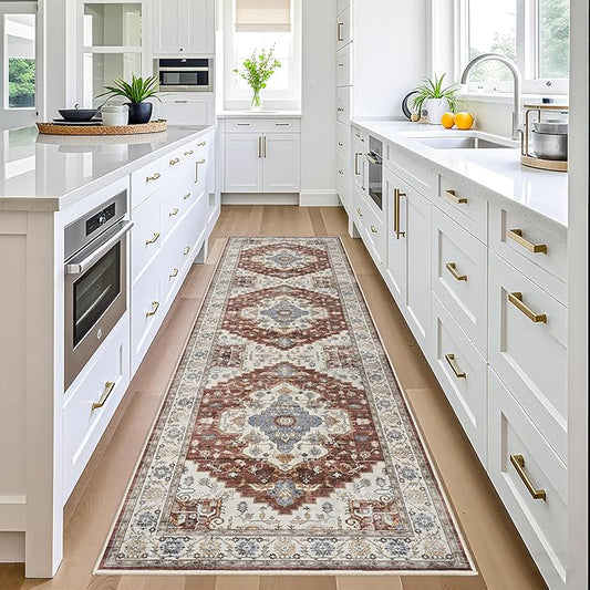 Washable Hallway Runner Rug 3x10: Vintage Ultra Thin Long Runners for Kitchen Soft Bathroom Nursery Mat - Non Slip Low Pile Carpet - Home Floor Decoration Rugs (3x10,Brick)