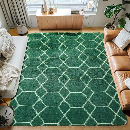 ONASAR Area Rugs 4x6 for Bedroom Living Room, Fluffy Geometric Moroccan Dark Green and White Trellis Rug for Home Decor, Soft Shaggy Plush Floor Carpet for Kids Teen Nursery Dorm Office