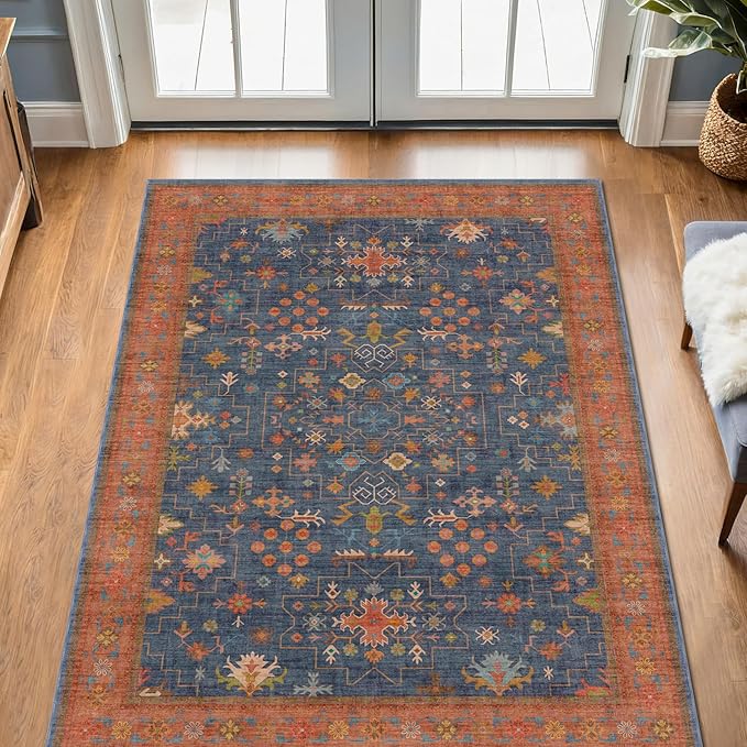 Washable Kitchen Rugs, 3x5 Area Rug for Large Entryway Indoor, Kitchen Mat, Small Rug for Living Room - Stain Resistant Non Skid Non Slip Rubber Backing, Boho Aethestic Décor (3x5 Navy Blue)