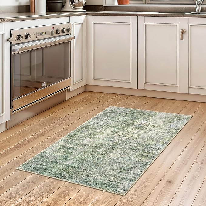 2x3 Abstract Washable Rugs for Kitchen, Floor, Entryway, Powder Room Small Area Rug Non-Slip Vintage Low Pile Throw Door Mat Green Ivory