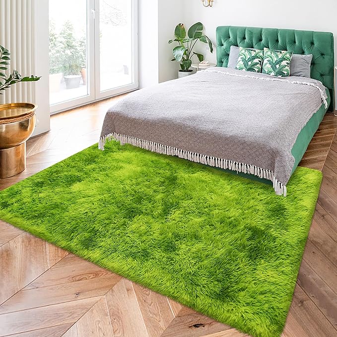 Tie Dyed Grass Green Rug 4x6 ft,Soft Plush Furry Shag Area Rugs Fluffy Fuzzy Carpet,for Bedroom Living Room Indoor Floor Rug Kids Girls Boys Home Decor Aesthetic,Dorm Nursery