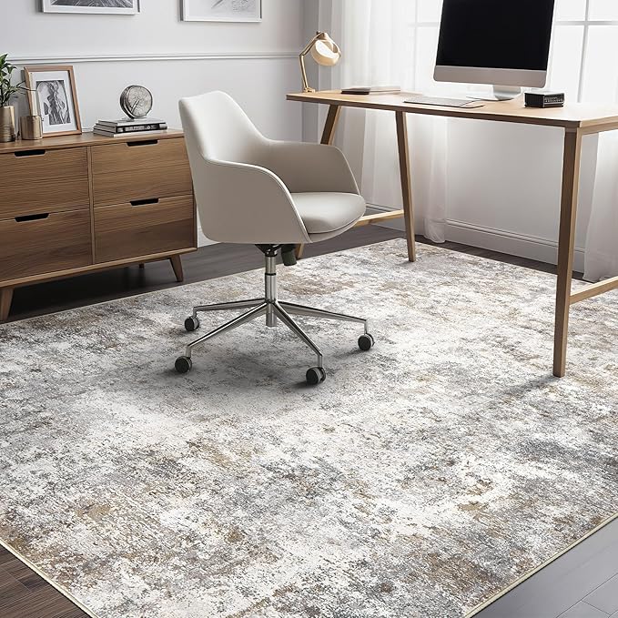 10x12 Area Rug Living Room Rugs - Washable Neutral Modern Abstract Soft Thin Large Rug Indoor Floor No Slip Rug Carpet for Bedroom Under Dining Table Home Office Decor - Brown Grey