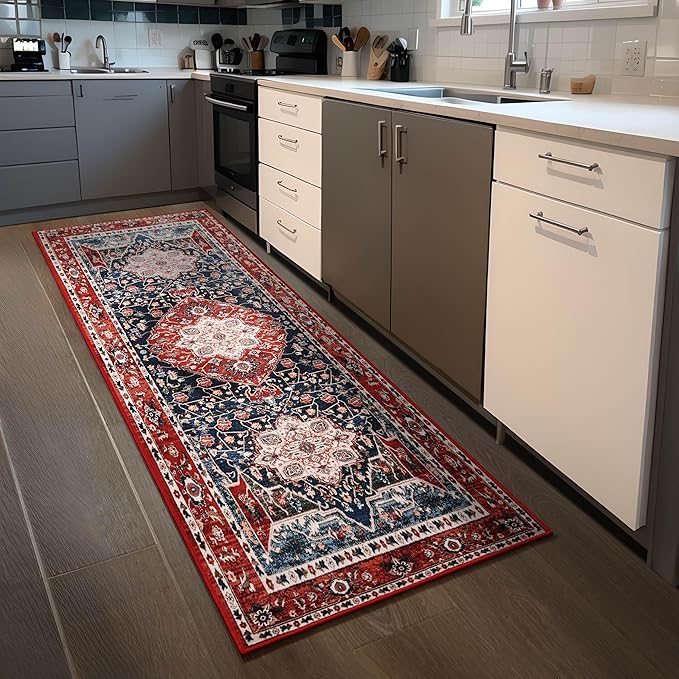 YJ.GWL Area Rug 2x7, Machine Washable Hallway Runner Rug, Boho Floral Vintage Distress Print Pattern Carpet, Low Pile Lightweight Thin Rugs for Entryway, Kitchen and Corridor, Red