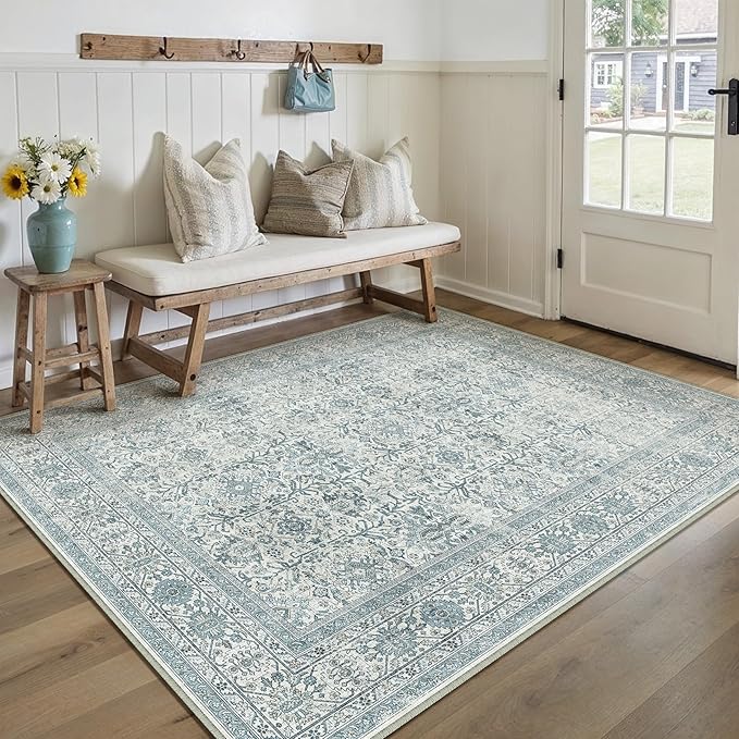 Vintage Area Rug 5x7 Blue Washable Living Room Large Carpet Non Slip Bedroom Indoor Office Low Pile Traditional Distressed Retro Accent Rug for Dining Room Bathroom Kitchen