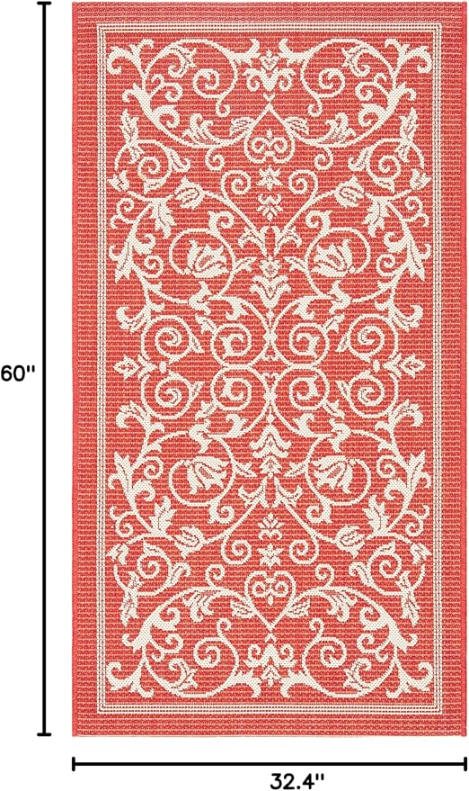 SAFAVIEH Courtyard Collection Accent Rug - 2'7" x 5', Red & Natural, Scroll Design, Non-Shedding & Easy Care, Indoor/Outdoor & Washable-Ideal for Patio, Backyard, Mudroom (CY2098-3707)
