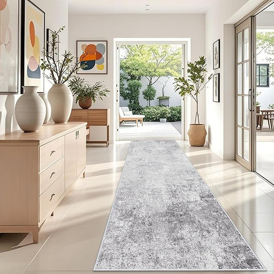 Washable Wide 4x12 Runner Rug - Abstract Runner Rugs for Living Room Stain Resistant Entryway Indoor Carpet for Kitchen Bedroom Non Slip Rubber Backing Ultra Thin Soft Home Decor Floor Mat 4x12 Grey