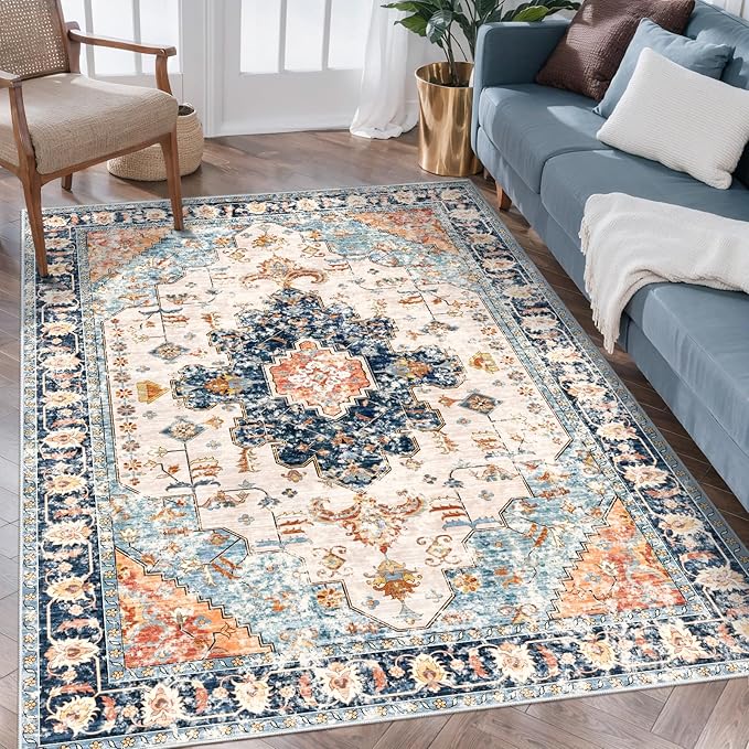 3x5 Rug for Bedroom, Washable Vintage Rugs Indoor, Non Slip Accent Rug, Print Distressed Blue/Beige Carpet, Soft Low Pile for Living Room Dorm Bedroom Bedside Entryway Bathroom