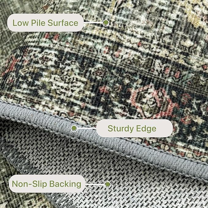 10X12 Area Rugs Machine Washable Rugs for Living Room, Vintage Boho Large Rugs for Bedroom Dining Room, Non Slip Indoor Soft Distressed Lightweight Thin Low Pile Carpet, Green