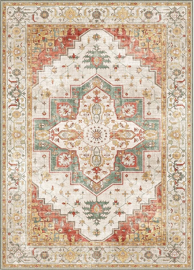 8X10 Area Rugs Machine Washable Rugs for Living Room, Vintage Boho Large Rugs for Bedroom Dining Room, Non Slip Indoor Soft Distressed Lightweight Thin Low Pile Carpet, Yellow Slate Green