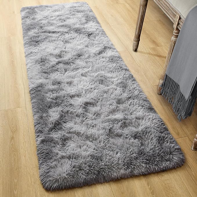 Tepook Fluffy Runner Rugs for Bedroom Aesthetic 2x6 Feet, Shag Soft Bedside Rug with Non-Slip Bottom, Fuzzy Plush Carpet for Room, Hallway Rug for Nursery Dorm Indoor Home Decor, Tie-dye Light Grey