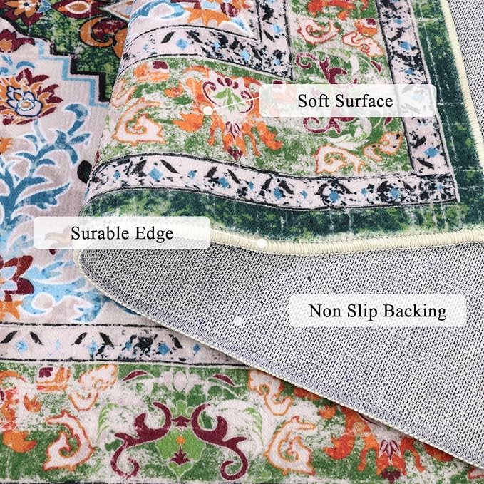U'Artlines Washable Boho Area Rug, 2x3 Small Soft Non Slip Vintage Doormat for Indoor Front Door Green Mat Carpet for Entryway Kitchen Bathroom Bedroom