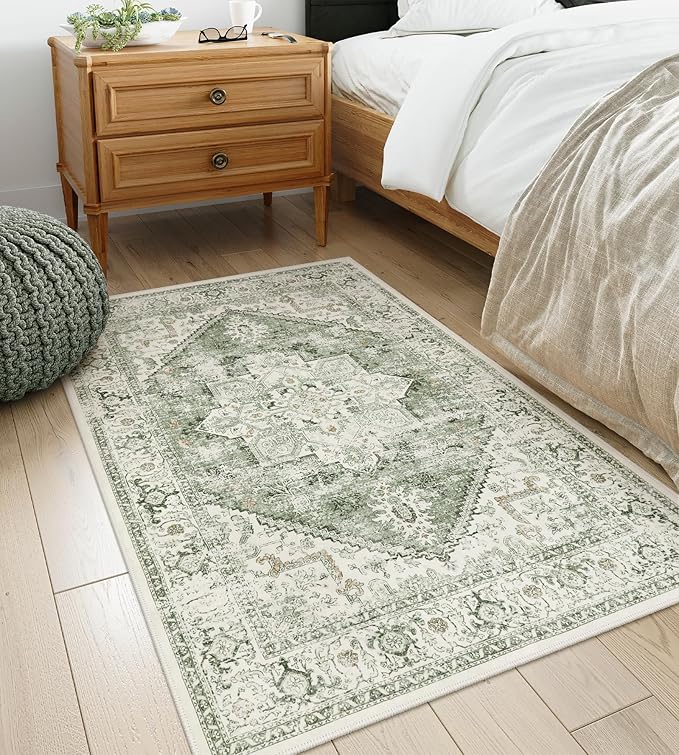 LIVEBOX Washable Area Rug 3x5 - Vintage Tribal Non-Slip Indoor Rug for Kitchen Entryway, Low-Pile Front Door Mat Print Distressed Accent Throw Rug for Bedroom Entry Foyer Laundry Room, Sage