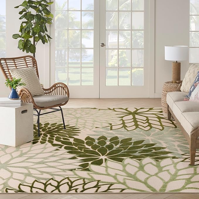 Nourison Aloha Indoor-Outdoor Ivory Green 9' x 12' Area Rug, Easy Cleaning, Non Shedding, Bed Room, Living Room, Dining Room, Backyard, Patio, Deck (9x12)