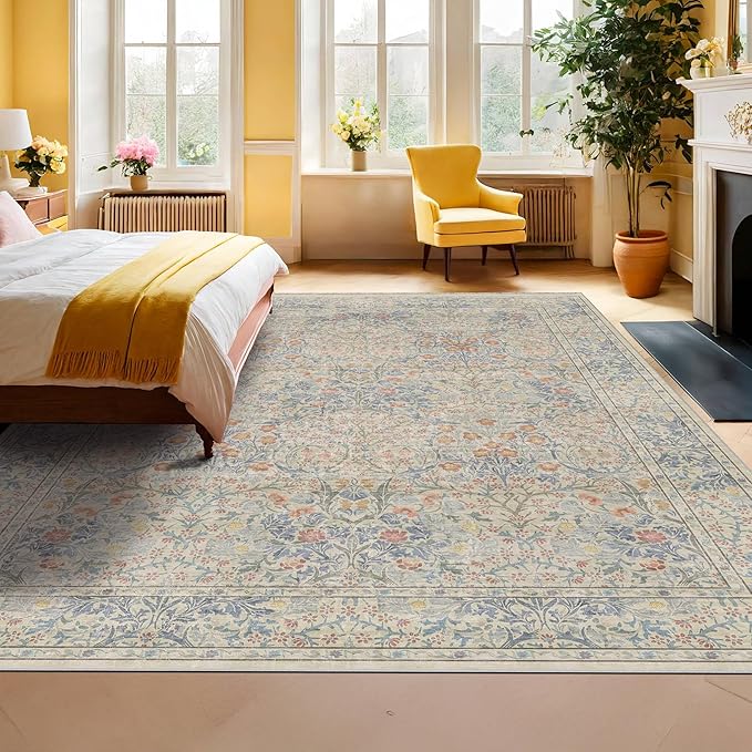 Washable Light Blue Bedroom Rug, 9x12 Area Rug for Living Room, Large Dining Room Rugs for Under Table, Soft Low Pile Non-Slip Stain Resistant Carpet - Vintage Floral Design (9x12 Beige Blue)