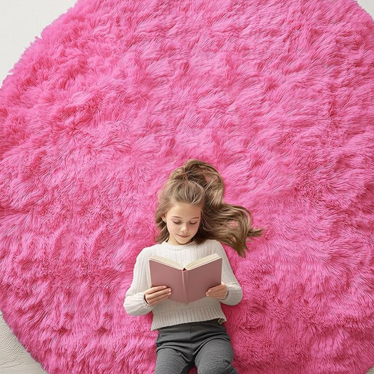 OLANLY Hot Pink Round Rugs for Bedroom - Machine Washable, 8x8 Feet Circle Area Rugs for Living Room, Soft and Fluffy Shaggy Carpet for Teen Girls and Boys, Dorms, Nursery Rooms, Home Decor Aesthetic