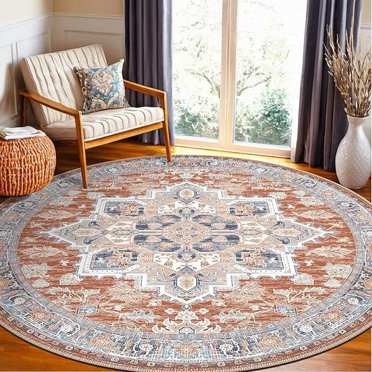 BESTSWEETIE 6ft Area Rugs for Living Room Washable Non Slip Carpet Low Pile Soft Vintage Print Pattern Rug for Bedroom Dining Room Kitchen Entryway Indoor-Brick/Blue/Light Ivory