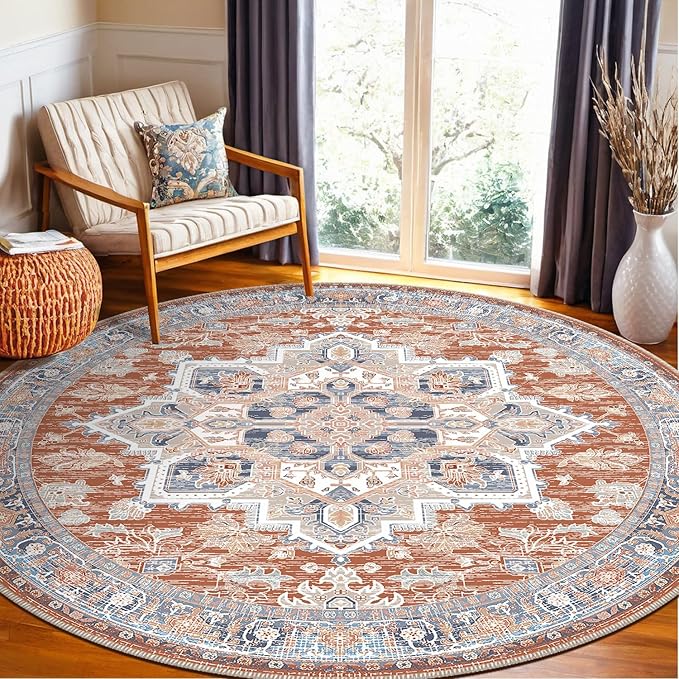BESTSWEETIE 4ft Area Rugs for Living Room Washable Non Slip Carpet Low Pile Soft Vintage Print Pattern Rug for Bedroom Dining Room Kitchen Entryway Indoor-Brick/Blue/Light Ivory