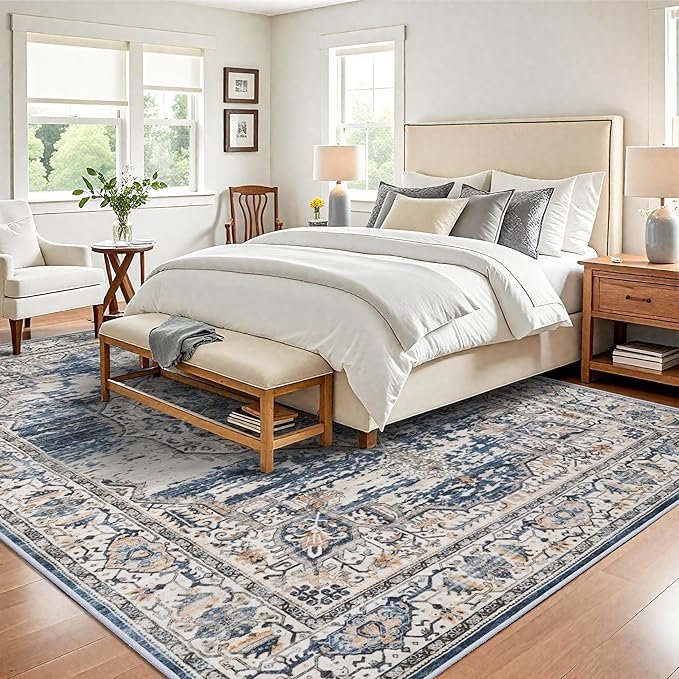YOUFORTONG 9x12 Area Rug Washable：Large Living Room Area Rugs - Machine Washable Stain Resistant Rug - Soft Low Pile Carpet for Bedroom Dining Room 9'x12' Blue
