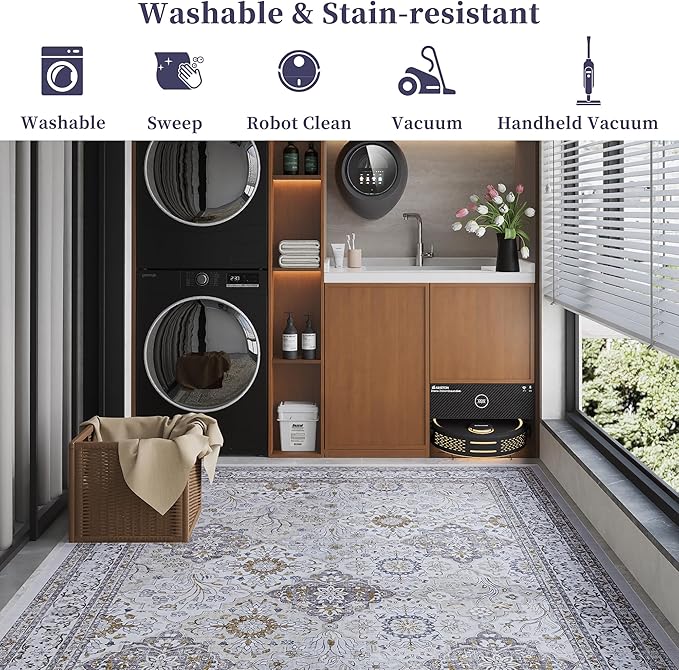 5x7 Rug, Washable Neutral Boho Modern Vintage Non Slip Floral Area Carpet, Low Pile Soft Rugs, Slip Resistance, Pet-Friendly, Durable Rug for Living Room, Bedroom, Kitchen, Dining Room