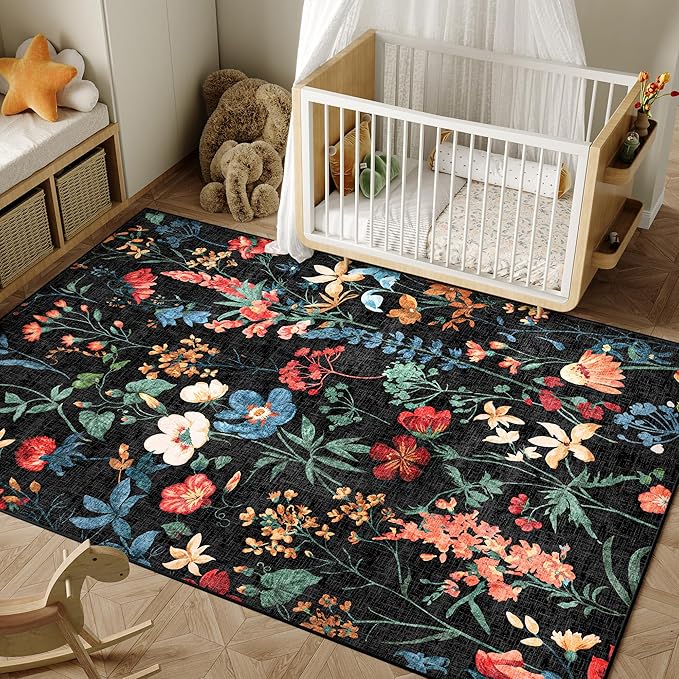 Black Area Rug 4x6 Office Floral Indoor Door Mat Washable Boho Kitchen Living Room Carpet Non Slip Bedroom Low Pile Lightweight Throw Rug for Dining Room Farmhouse