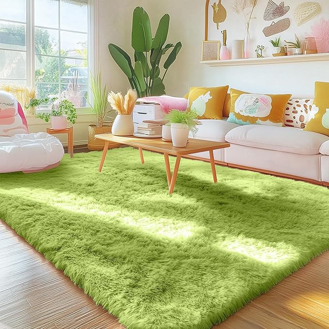 OLANLY Area Rugs for Living Room Bedroom, Machine Washable 4x5.9 Feet Soft Fluffy Shaggy Bedside Rug, Indoor Floor Carpet for Kids Girls Boys, Dorms, Nursery Rooms, Home Decor Aesthetic, Grass Green