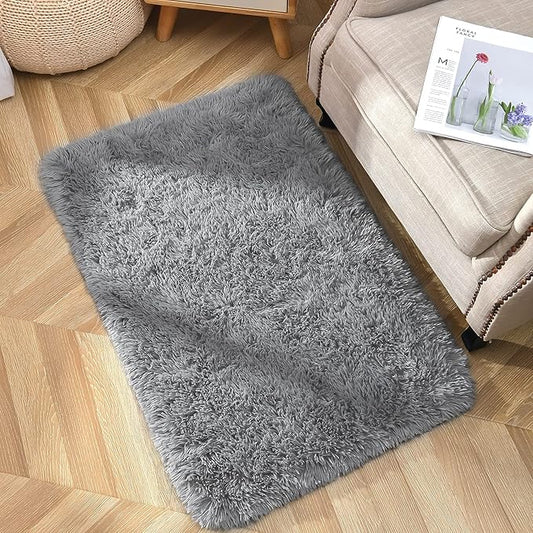 YJ.GWL Area Rugs for Bedroom, 2x3 Door Mat Washable Small Grey Bedside Rug,Fluffy Shaggy Entryway Rugs for Living Room, Shag Indoor Floor Carpet for Kids Boy and Girls, Home Decor Aesthetic