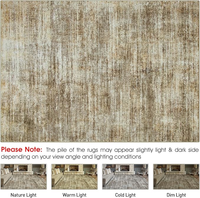 Washable Rug 6x9 Area Rugs, Abstract Large Living Room Rugs with Non-Slip Backing, Thin Carpet for Dorm Dining Room Table Nursery Indoor Home Office-Brown