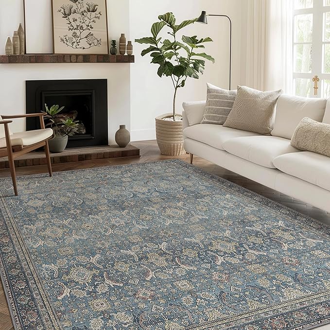 8X10 Area Rugs Machine Washable Rugs for Living Room, Vintage Boho Large Rugs for Bedroom Dining Room, Non Slip Indoor Soft Distressed Lightweight Thin Low Pile Carpet, Vintage Blue