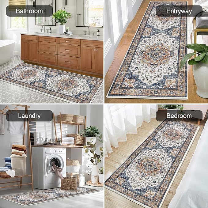 HEBE Hallway Runner Rug 2'x6' Washable Vintage Distressed Area Rugs Non Slip Laundry Rug Runner Boho Floor Carpet Runners for Hallways Entryway Laundry Room Kitchen Bathroom