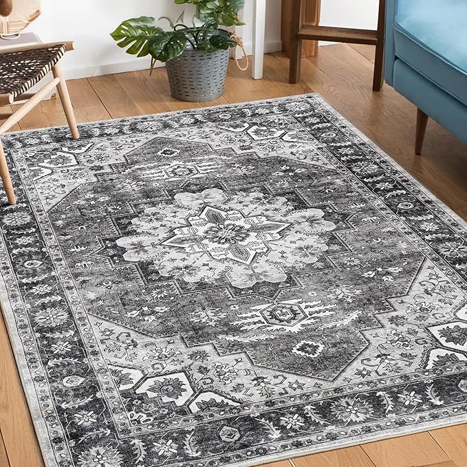 3x5 Area Rugs Washable Boho Rug, Non Slip Carpet for Living Room, Boho Vintage Design Rug, Foldable Soft Low-Pile Rug, Brown/Gray-Brown
