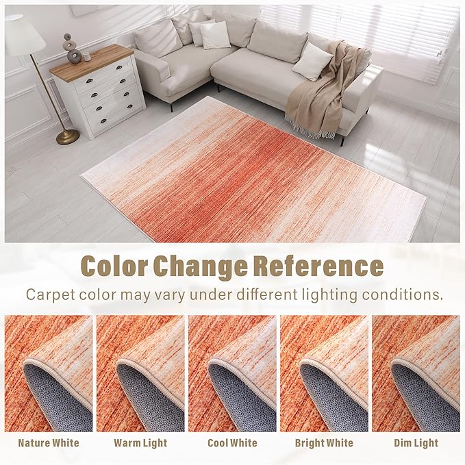 Carvapet Rugs for Living Room, Ombre Orange Low Pile Large Carpet with Rubber Backing, Foldable, Non Slip Machine Washable (10 x 8 Feet Rectangular, Orange Area Rug)