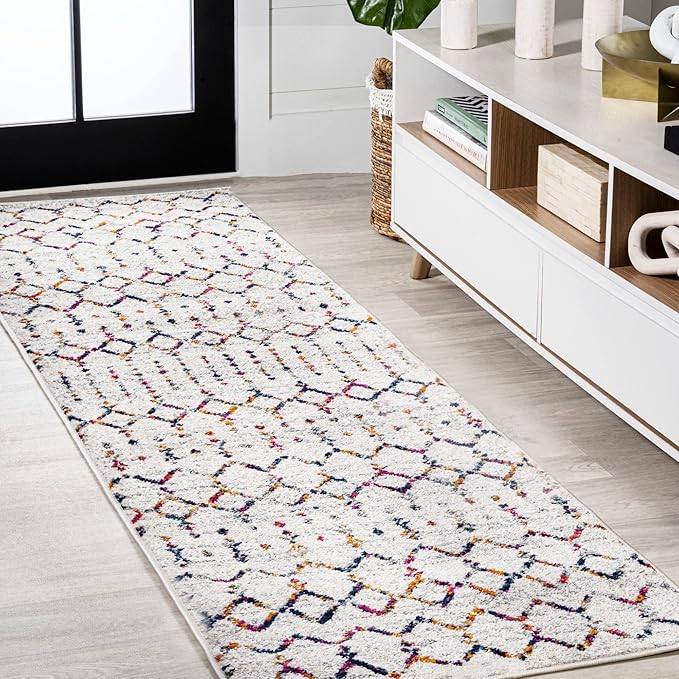 JONATHAN Y MOH101B-28 Moroccan Hype Boho Vintage Diamond 2 ft. x 8 ft. Runner-Rug, Bohemian, Southwestern, Casual, Transitional, Pet Friendly, Non Shedding, Stain Resistant, Easy-Cleaning, Cream/Gray