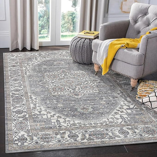 Vintage Area Rug, 4x6 Washable Rugs for Living Room Bedroom Entryway Indoor Door mat, Distressed Boho Country Accent Rugs, Thin Low-Pile Floor Carpet for Kids Pet (Brown)