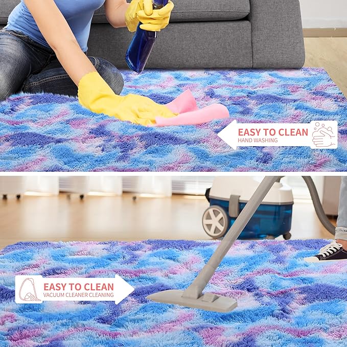 Tepook Soft Rainbow Rug for Girls Room, Cute Fluffy Bedroom Rug, 5x8 Feet Shaggy Princess Colorful Carpet for Kids Teens Toddler Playroom Nursery Reading Nook, Blue