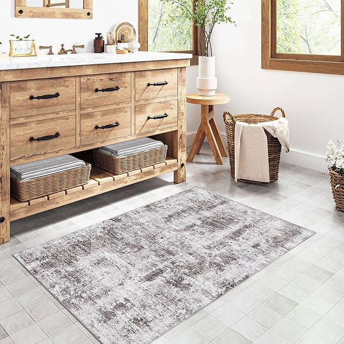 3x5 Entryway Rug Grey Hallway Area Rug Machine Washable Abstract Low Pile Carpet Bedroom Living Room Office Dining Room Kitchen Laundry Room Non Slip