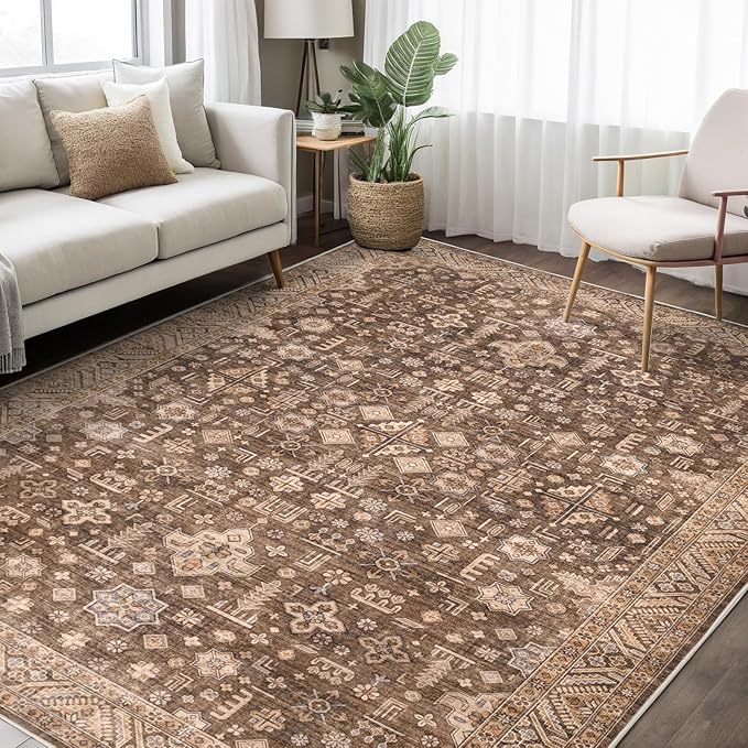 Vintage Washable Area Rug for Living Room,Low Pile 8x10 Non Slip Carpet Non-Shedding Area Rug Soft Indoor Stain Resistant Rug Floral Print Mat for Bedroom Dining Room Brown
