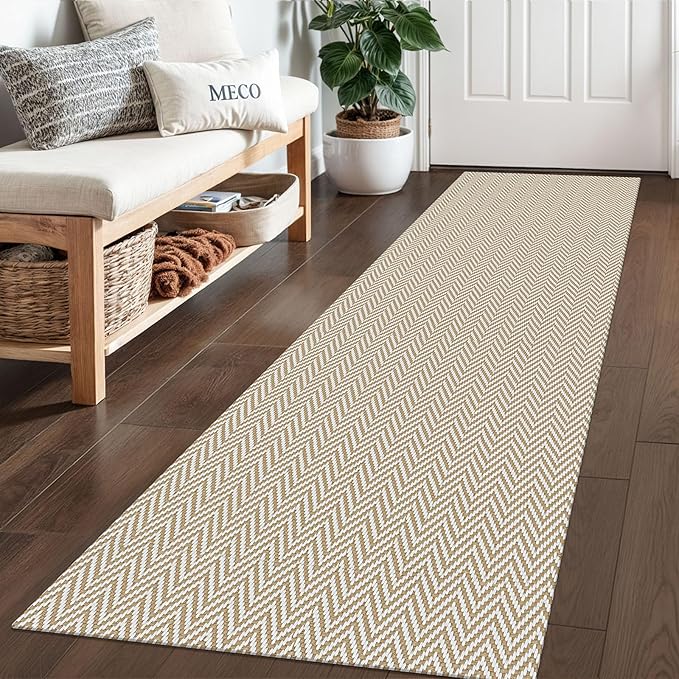 Braided Runner Rug 2x6 Ft Washable Runners for Hallways Kitchen Runner Rug with Rubber Backing Cotton Entryway Runner Indoor, Woven Floor Carpet for Hall Kitchen Bedroom, Beige/White