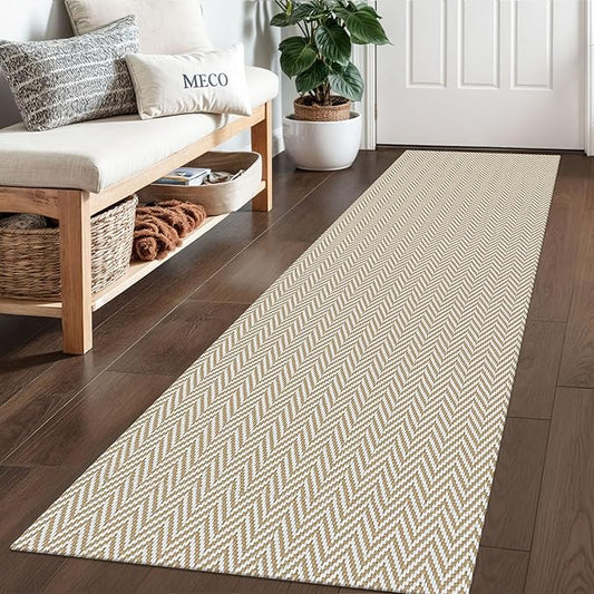 Braided Runner Rug 2x6 Ft Washable Runners for Hallways Kitchen Runner Rug with Rubber Backing Cotton Entryway Runner Indoor, Woven Floor Carpet for Hall Kitchen Bedroom, Beige/White