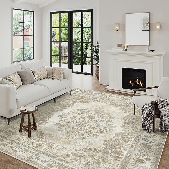 5x7 Area Rug Beige Washable Vintage Distressed Living Room Carpet Large Bedroom Indoor Medallion Floral Non Slip Retro Throw Floor Mat for Office Dining Room Kitchen Bathroom