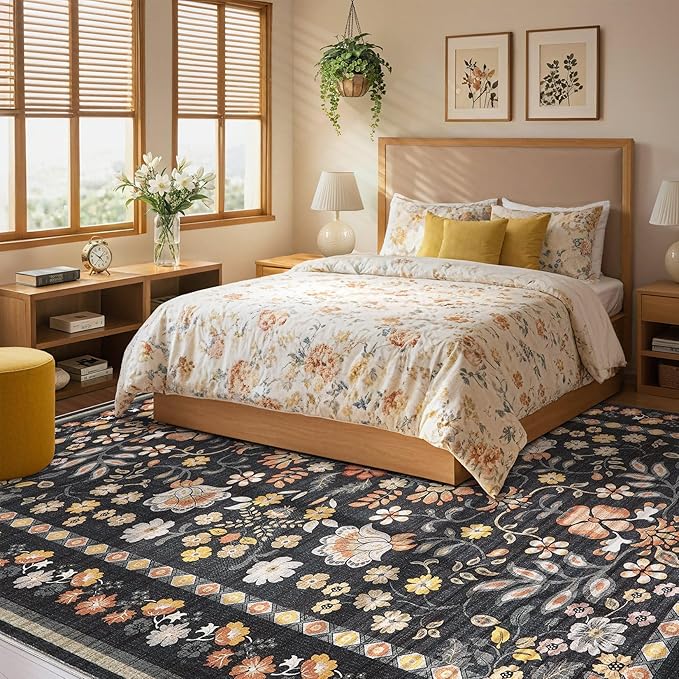 7x9 Area Rug Living Room Rugs - Washable Boho Vintage Floral Large Soft Non Slip Thin Rug Low Pile Carpet for Bedroom Dining Room Kids Playroom Office Decor Indoor- Black Grey