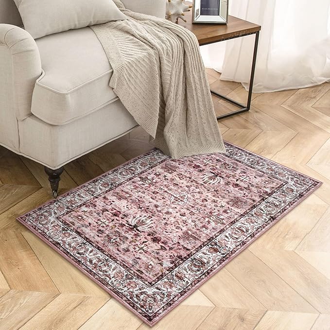 Small Area Rug 2x3 Entryway Doormat Floral Machine Washable Low Pile Non Slip Throw Rug for Kitchen Bedroom Laundry Room, Pink