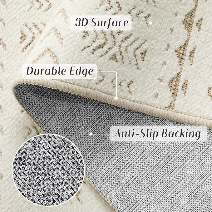 RYB HOME 2x6 Boho Washable Jacquard Runner Rug for Hallway, Non Slip 3D Textured Geometric Jacquard Carpet for Bedroom, None Shedding Area Rug for Kitchen Bathroom Hallway, Beige
