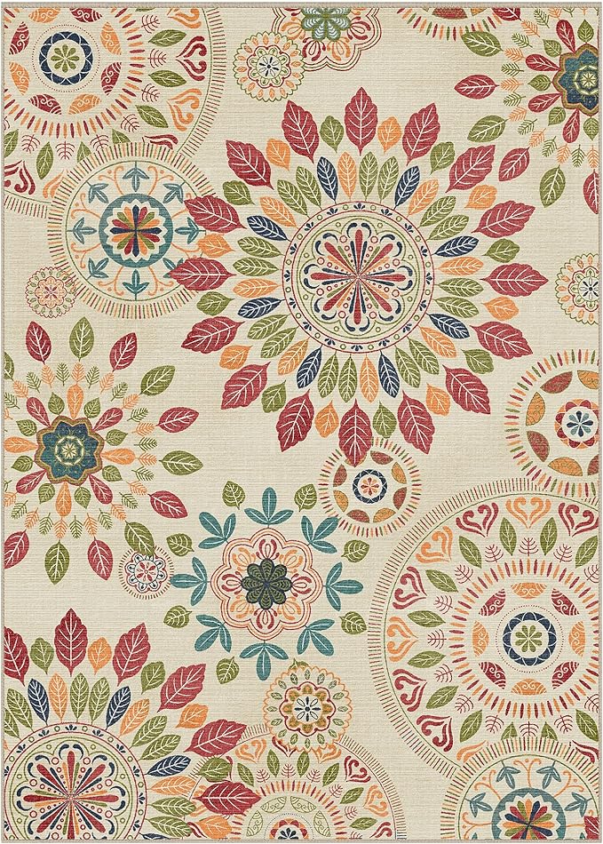 Bavni 5x7 Area Rugs, Floral Machine Washable Rug Non Slip, Modern Printed Thin Living Room Rugs, Stain Resistant Rugs for Bedroom, Dining Room, Beige Red