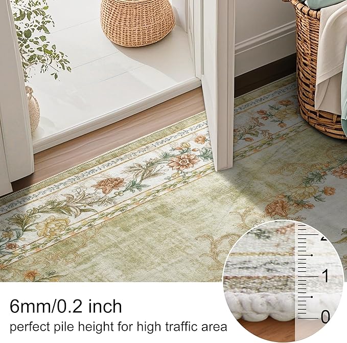 RYB HOME Sage Green Runner Rug 2x6 for Enterway Hallway, Machine Washable Floral Vintage Distresssed Rug Soft Faux Wool Non Slip Door Mat Runner for Kitchen Bathroom Laundry, 2x6 ft, Sage Green