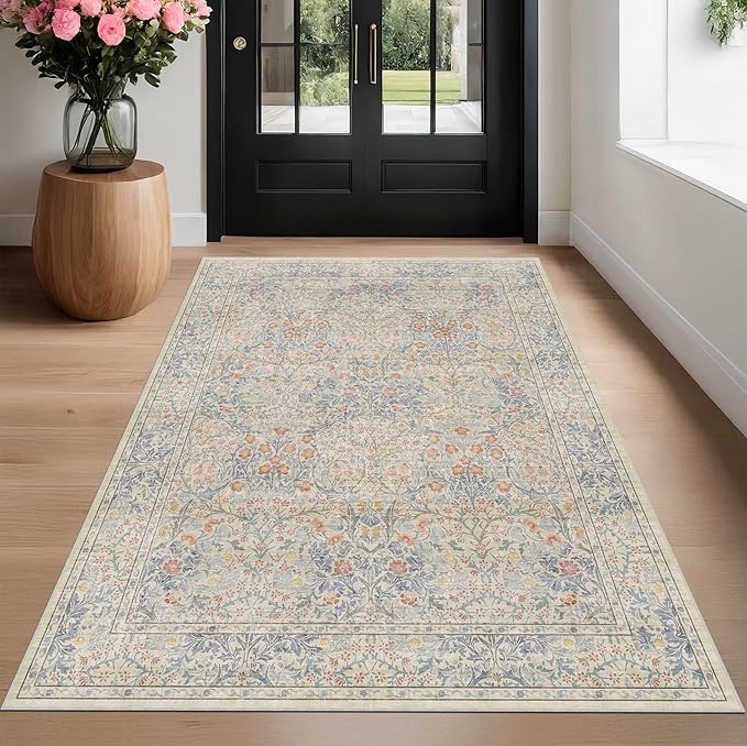 Vintage Washable Dark Green Area Rugs for Living Room, Bedroom, Dining Room, Kitchen, Entryway, Bathroom, Low Pile Non Slip Stain Resistance Distressed Retro Indoor (Beige Blue, 4' x 6')