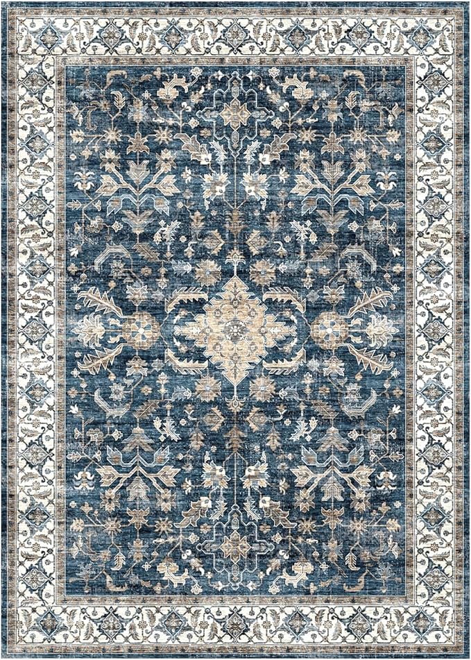 Vintage Ultra-Thin Distressed Medallion Rug, 4x6 Washable Low-Pile for Bedroom, Dining, Entryway, Bathroom, Living Room