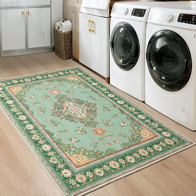 Tepook Small Rug for Entryway, Front Door Mat Indoor Entrance Rugs, Non-Slip Kitchen Carpet Vintage 2x3 Washable Rug, Low-Pile Throw Rugs for Entryway Bedroom Bathroom Foyer Cabinets, Green