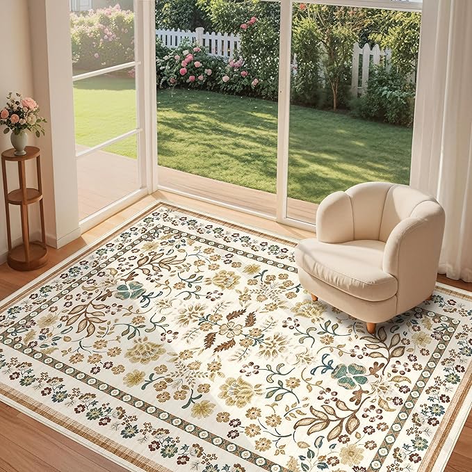 10x14 Area Rug Living Room Rugs - Washable Boho Vintage Floral Large Soft Non Slip Thin Rug Low Pile Carpet for Bedroom Dining Room Kids Playroom Office Decor Indoor- Brown