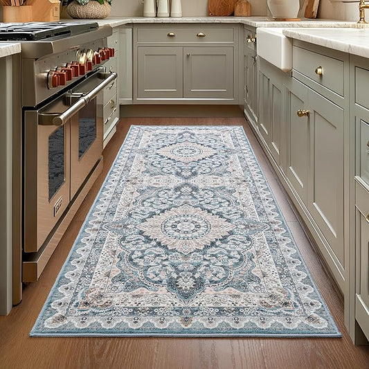 Foxmas Hallway Runner Rug, 2x6 Vintage Kitchen Runner Area Rugs Non Skid Washable, Low Pile Throw Rugs with Rubber Backing Carpet for Laundry Room Entryway Bedroom Home Decor, Blue