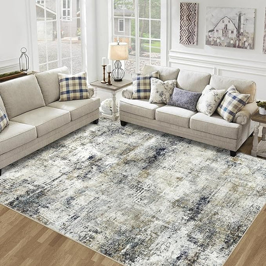 10x14 Area Rugs Living Room Rugs: Large Washable Rug with Anti-Slip Backing Non-Shedding Stain-Resistant Soft Abstract Carpet for Bedroom Dining Room Nursery Home Office-Black/Brown